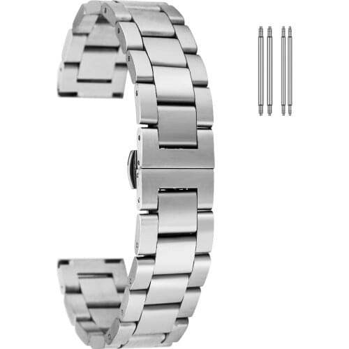 Top Solid Stainless Steel Watchbands White 18mm 20mm 22mm Metal Watch Strap Butterfly Buckle Wrist Watches Bracelet Accessories