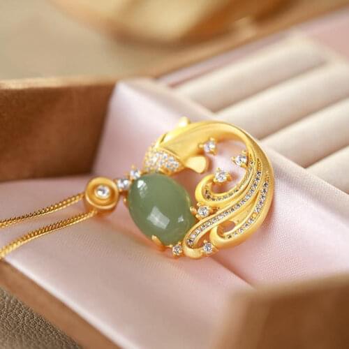 S925 sterling silver inlaid hetian jade grey jade aged fish classical temperament female collarbone chain pendant