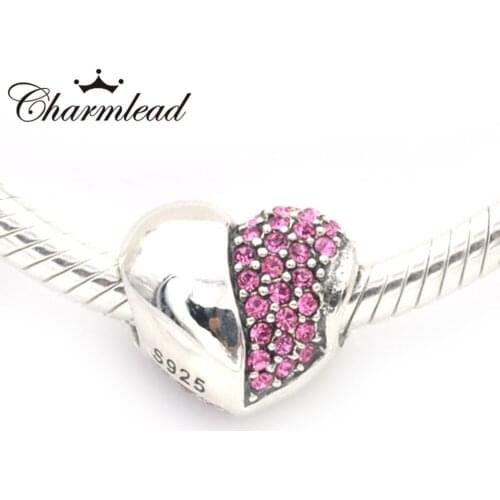 Charmlead 925 Sterling Silver Beads Pink Sparkling Heart Charm Half Smooth Beads Fit Pandora Charms Bracelet DIY Making