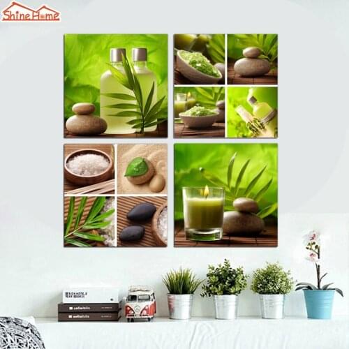 ShineHome-4pcs Modern Canvas Paintings Stone Green SPA Salon Candle Wall Picture Poster Prints Quadros De Parede Para Sala Decor