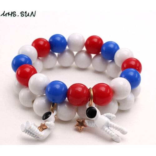 MHS.SUN Cute Baby Charm Bracelets With Astronaut Pendant Red+Blue Round Beaded Bangles DIY Elastic Jewelry For Kids Girls 2PCS