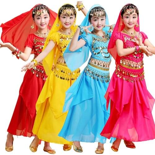 Girls Bollywood Dance Costume Set Kids Belly Dance Indian Sari Children Chiffon Outfit Halloween Top Belt Skirt Veil Headpiece