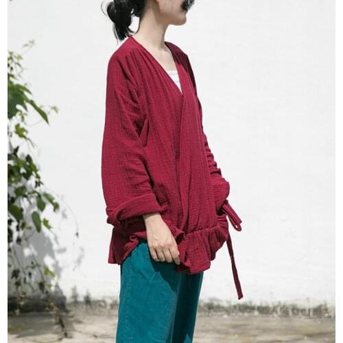 Women Autumn Solid Color Cotton Blouse V Neck Tops Ladies Vintage Vintage Loose Shirt Female 2020 Loose Tops