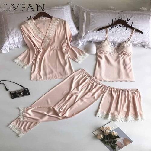 Womens Spring Autumn Sexy Embroidered Lace Pajamas Four-Piece Robe Ice Silk Thin Section Strap Breathable Nightdress Z015