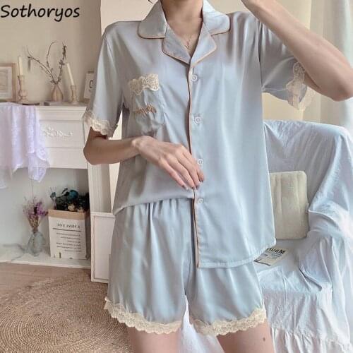 Women Summer Pajama Sets Embroidery Tops Lace Patchwork Shorts Elegant Sleepwear Females Lounge Home Leisure Ulzzang Trendy New