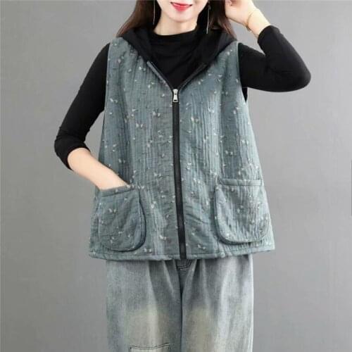2021 Autumn Spring Ethnic Floral Plus Velvet Jacket Womens Short Loose Retro Cotton And Linen Vest Warm Hooded Waistcoat y1425