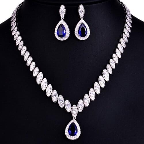 Zlxgirl jewelry Classic water drop shape wedding necklace and Earring jewelry sets AAA blue Green Clear crystal zircon necklace