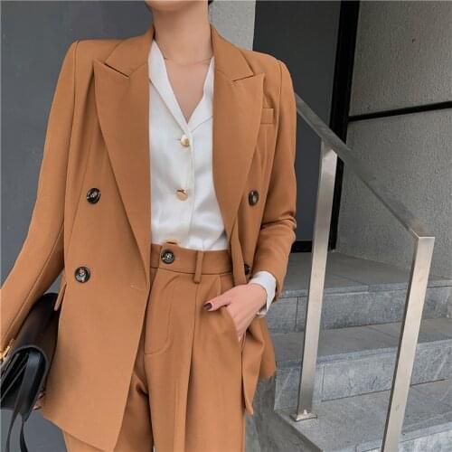 2021 Leisure Professional Suit Feminine Women Blazer Set Wide Leg Pants High Waist Double Breasted Loose 2 Piece Office Loose