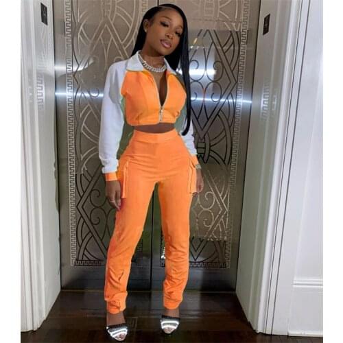 2020 Women Casual Luminous Tracksuits 2 Piece Sets Patchwork Zipper Long Sleeve Jacket Tops High Waist Trousers Pants