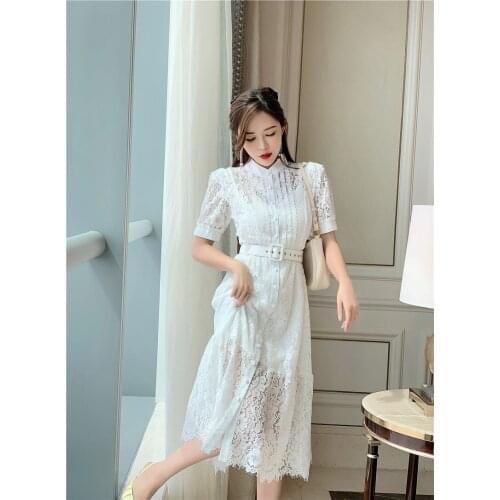 Summer New Self Portrait Dress Women Runway Fashion Elegant White Single Breasted Hollow Out Patchwork Long Lace Dress Free Belt