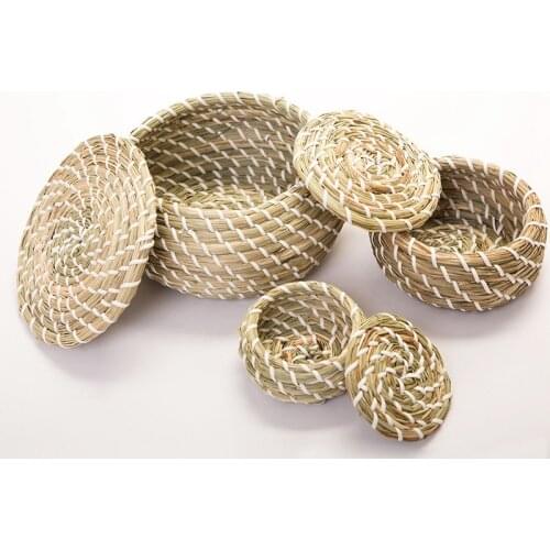 1 Set Straw Hand Woven Storage Baskets Wicker Basket with Lid Home Storage Organization