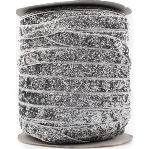 1PC=50Y 3/8"=10MM OEM Highly-flexible Elastic Glitter Velvet Ribbon Ornaments Solid Metallic Nylon Band for Hair Accessories