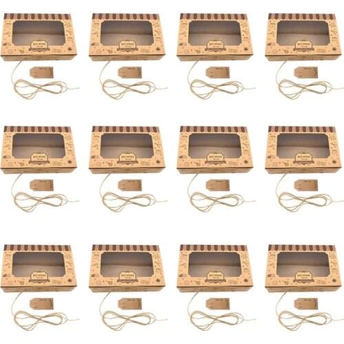 12Pcs Square Kraft Paper Boxes With 12 Tags And 12 Hemp Ropes Gift Packing Boxes Kitchen Baking Tool Cake Biscuits Box