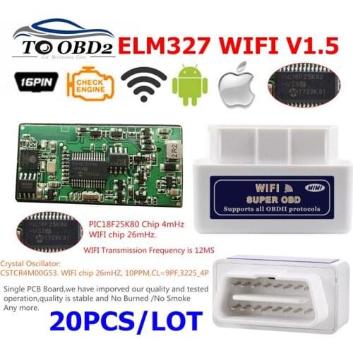 20PCS/LOT ELM327 WIFI V1.5 Hardware PCB PIC18F25K80 Chip ELM 327 1.5 Works 12V Gasoline&Diesel Cars Works Android/iOS Diagnostic