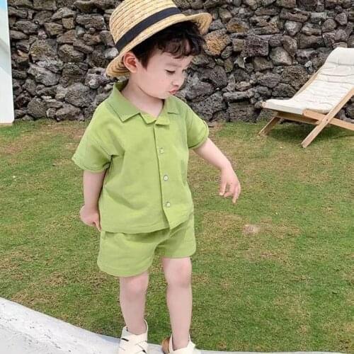 2021 Summer Childrens Clothing Boys And Girls Casual Solid Color High-end Suit Lapel Short Sleeve 2-piece Set 1-8 Years Old