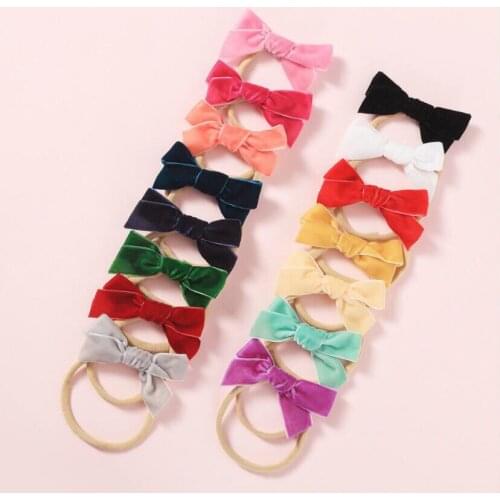 15Colors Bulk 3.7" 50pc/lot Solid Velvet Bows Nylon Headband/ Flat Back Velvet knotbow Children Girls Headwear Hair Accessories