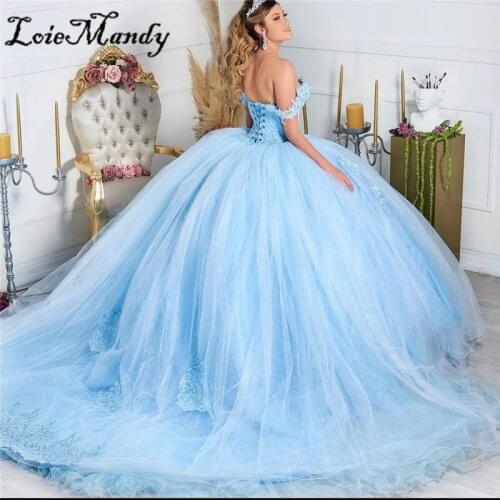 Ball Gown Blue Quinceanera Dresses Long 2022 Applique Lace Tulle Sweet 16 Dress Sexy Off The Shoulder Vestidos de quinceanera