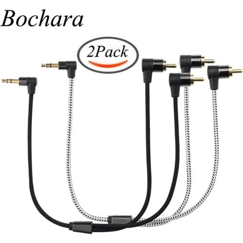 Bochara Braided 90degree 3.5mm jack to 2RCA Audio Cable Wrapped Shielded For Speakers Amplifier Mixer 2Pack