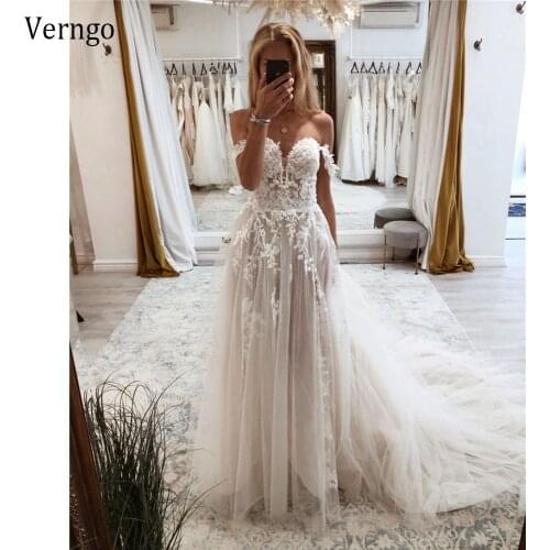 Verngo 2021 Delicate Lace Applique Tulle A Line Wedding Dress Sexy Off the Shoulder Corset Sweep Train Bridal Gowns Robe Mariage