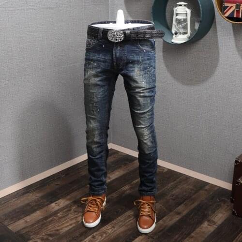 European American Street Fashion Men Jeans Retro Blue Elastic Slim Fit Ripped Jeans Men Paint Designer Hip Hop Denim Punk Pants