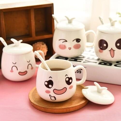 300ml Creative Cute Expression Ceramic Mugs Water Container Cups And Mugs With Lid Spoon Porcelain Tea Cup Coffee Mug Drinkware