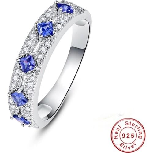 New Genuine 100% 925 Sterling Silver Blue Sapphire Rings Anniversary Wedding Bridal Finger Rings Fine Gift Brand Jewelry