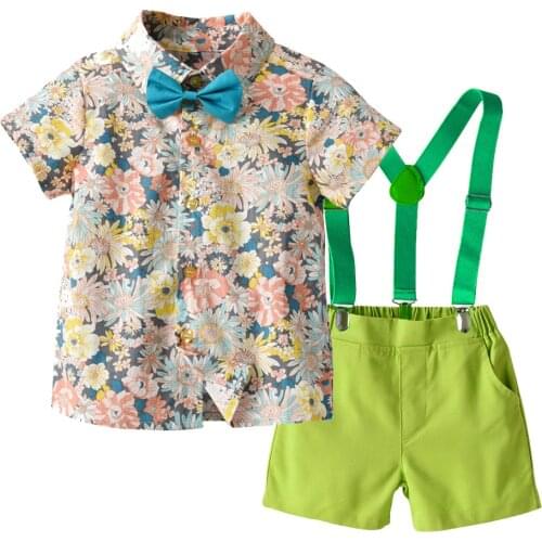 1-6 Years Children Flower Outfits Fashion Toddler Boys Clothing 2021 Summer Short Set Printed Shirt Green Pants 2 PCS Suit
