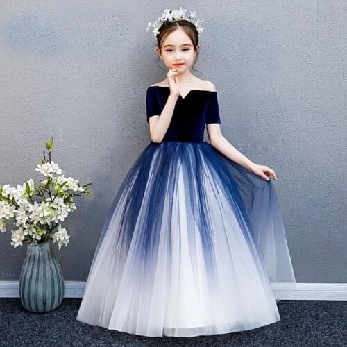 Girls Princess Dresses Dark Blue Gradient Tulle Flower Girl Dresses for Weddings Off The Shoulder Boat Neck Communion Gowns