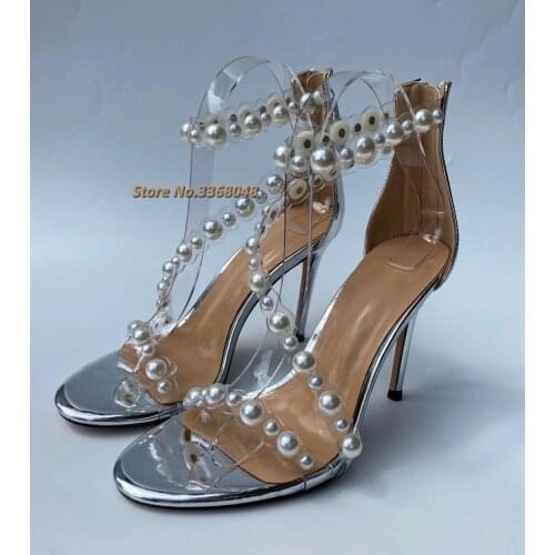 Pearls Decor New Arrival Sandals Open Toe Ankle Strap Back Zipper Stiletto Thin High Heels Shoes Round Toe Silver Dress Shoes