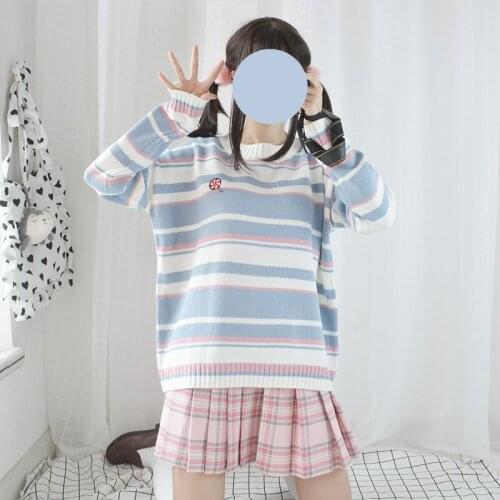 Lollipop Embroidery Cute Girls Womens Knitted Sweater Striped Pullovers Oversized Long Sleeve O-neck Autumn,Winter Sweaters