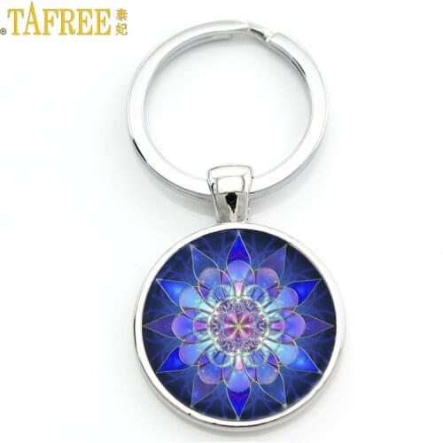 TAFREE Glass Gem Key Chains Yoga Mandala Blue Picture Key Holder Handmade summer jewelry Keychain bijoux car key ring M35-51
