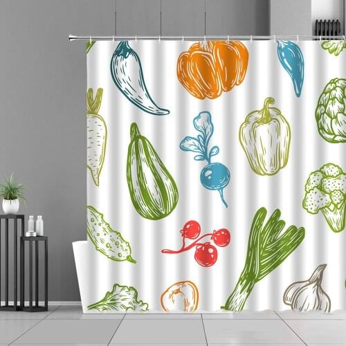 Kitchen Decoration Curtains Vegetables Fruits Wood Grain Printing Waterproof Shower Curtain Bath Screen Home Decor With Hooks