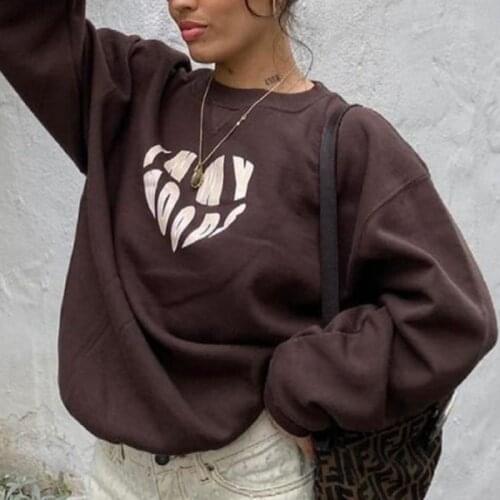 Y2k Vogue Brown Women Sweatshirt Letter Print Long Sleeve Loose Pullovers Sweatshirts New Spring Autumn Casual Sweatshirt