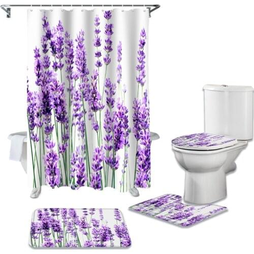 Lavender Plant Flowers Shower Curtain Toilet Seat Cover Set Wc Accessories Mat Bathroom Decor Bath Curtains