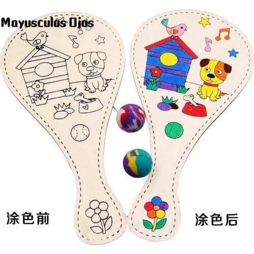 ZH 1PC Creative Graffiti Toys Pat Balls Kindergarten Children Handmade Wooden Drawing Rackets DIY Educational Toys