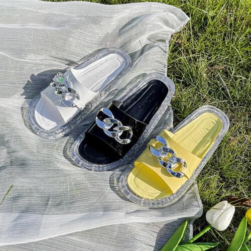 2021 New Ladies Slippers and Sandals Black Metal Chain Decorated Flat Sandals RA Split Toe Women Slides SAME Design