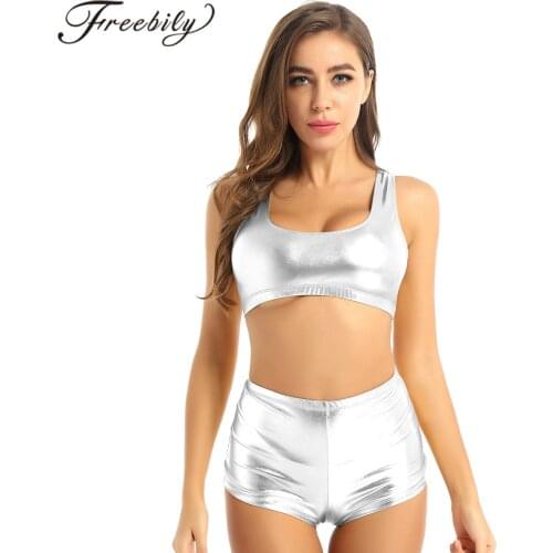 Womens Shiny Metallic U Neck Sleeveless Vest Crop Top with Hot Pants Shorts Female Cropped Tops Dance Fitness Sports Gym Outfit