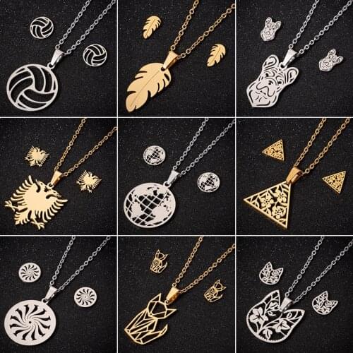Jisensp Gold Stainless Steel Jewelry Sets for Women Leaf Pendant Animal Origami Wolf Dog Cat Necklace Earrings Collares Mujer