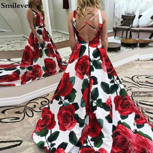 Smileven printing Prom Dress A Line Rose Flowers Formal Party Dress Arabic Robe De Soiree Backless Evening Gowns