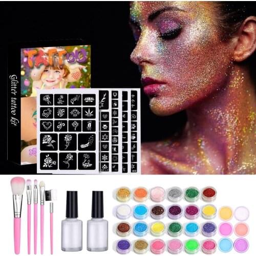 30 Colors Powder Shimmer Glitter Temporary Tattoo Luminous Powder Glue Brush ollow Tattoo Template Kit for Body Part Art