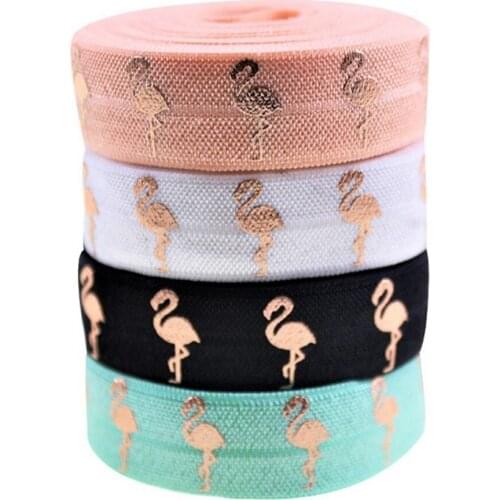 5/8" 15mm rose gold foil FOE flamingos printed fold over elastic welcome custom printed