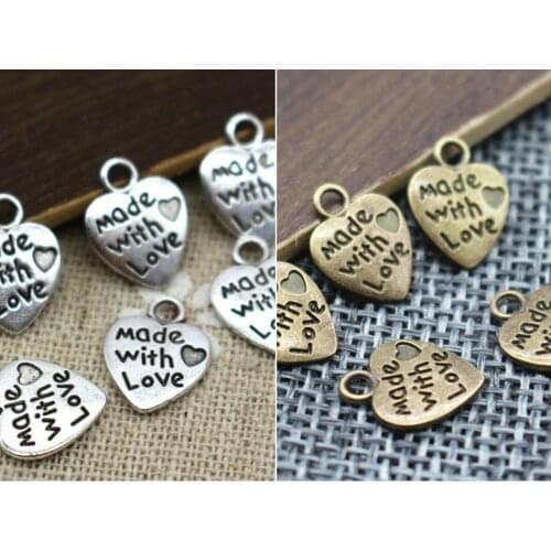 600pcs mix color Heart Shape Vintage Charms Silver Bronze MADE WITH LOVE CZ Pendants Necklace Bracelet Diy Beads 9*12MM