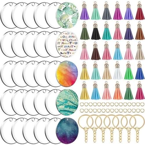 Acrylic Keychain Blanks with Key Rings Rectangle Clear Discs Circles Colorful Tassel Pendants for DIY Jewelry Making Supplies
