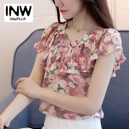 2017 Floral Print Blusas Femininas Summer Chiffon Blouses Ruffled V Neck Short Sleeve Women Tops Elegant Fashion Shirts Femme