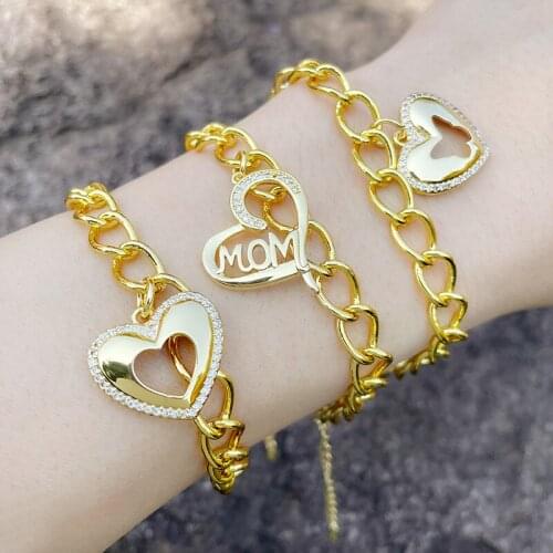 FLOLA Gold Curb Link Chain Mom Bracelets For Women Heart Charms Bracelet Bangle CZ Cubic Zirconia Wholesale Jewelry Gifts brtc89