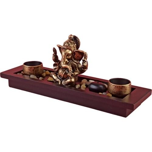 Hindu God Lord Ganesha Statue Wooden Tray with Candle Holder Blessing Ganesh Sculpture Home Office Desktop Decor Success Gift