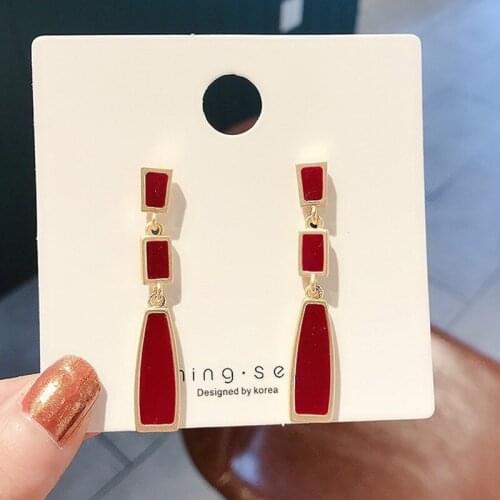 Uropean Retro Classic Wine red Color Geometric Square Drip Earring for Women Wild Chic Long Enamel Earrings Wedding Jewelry
