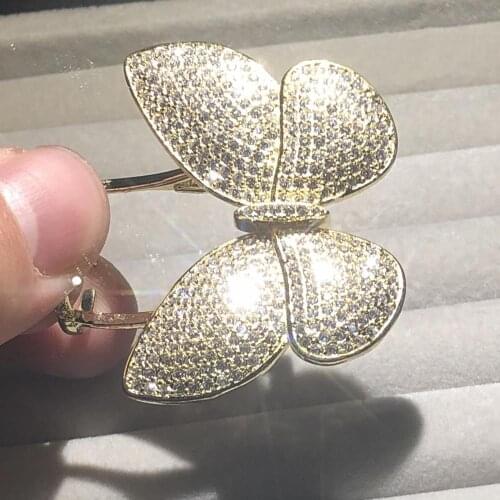 Big Butterfly Movable 925 silver & 14K Gold Rings for Women Luxury Simulated Diamond Micro Paved Butterfly Shape Party Jewelry