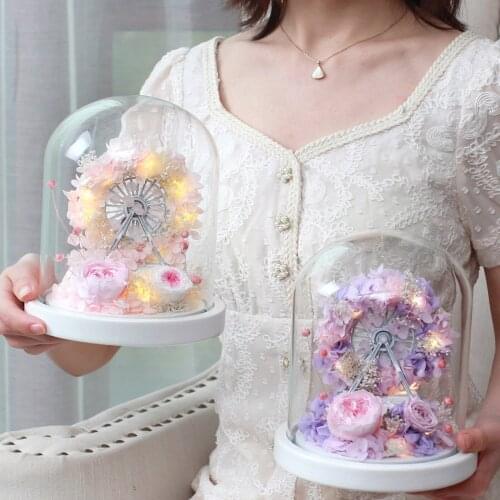 Rose Flower Handmade Eternal Flower Box Led Ferris Wheel Glass Dome Ornament Mothers Day Gift Girlfriend Birthday