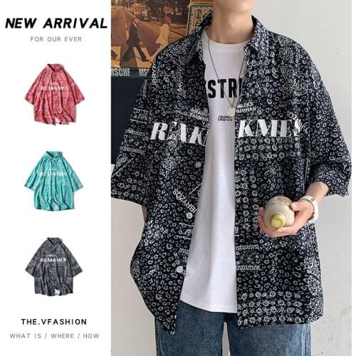 Summer Printed Letters Short Sleeve Shirts Mens Loose Half-sleeved Tops Hawaiian Beach Shirt Trend Brand Hiphop Streetwear Coat
